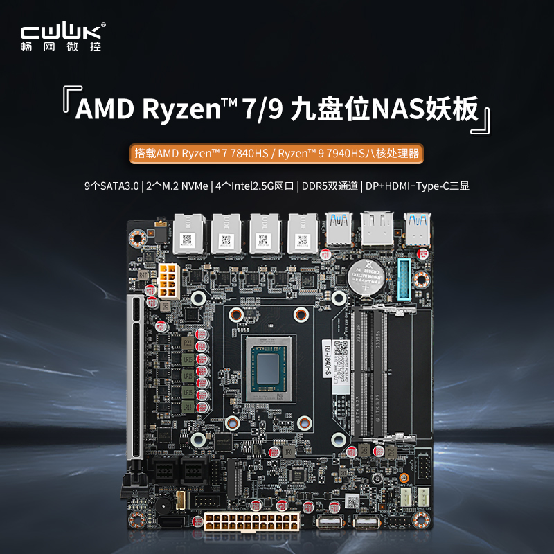 畅网AMD-7735HS/7840HS/8845HS/7940HS八盘九盘位NAS妖板雷电4/USB4/40G速率8K显示4网2.5G/9个SATA/PCIe x16 ITX主板